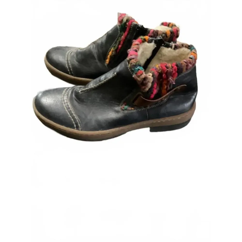 Reiker Navy Blue Ankle Boots with Colorful Knit Trim Size 40 (9.5)